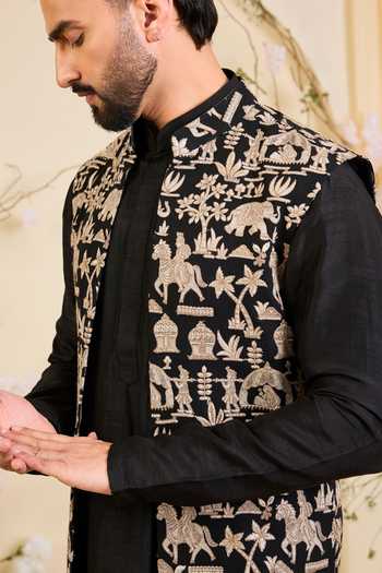 Kasbah_Black Georgette Mughal Motif Embroidered Nehru Jacket _Online_at_Aza_Fashions
