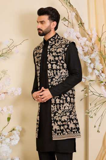 Buy_Kasbah_Black Georgette Mughal Motif Embroidered Nehru Jacket _Online_at_Aza_Fashions