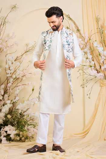 Kasbah_White Georgette Flora And Fauna Pattern Nehru Jacket _Online_at_Aza_Fashions