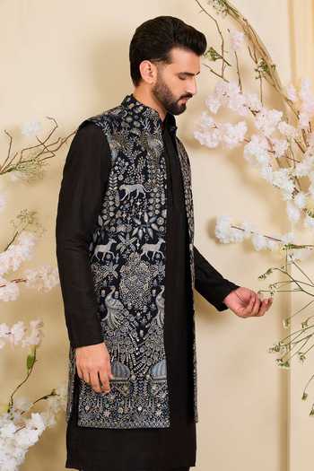 Kasbah_Blue Georgette Embroidered Longline Nehru Jacket _Online_at_Aza_Fashions