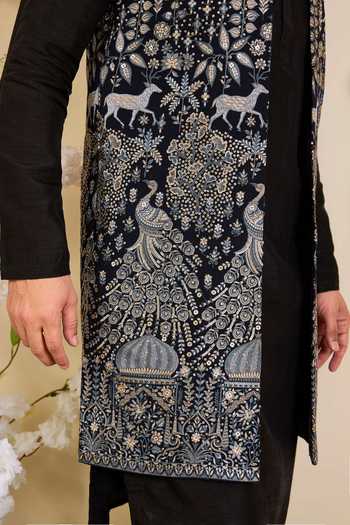 Buy_Kasbah_Blue Georgette Embroidered Longline Nehru Jacket _Online_at_Aza_Fashions