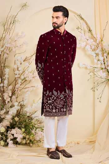 Kasbah_Maroon Velvet Embroidered Sherwani Jacket _Online_at_Aza_Fashions