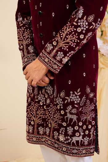 Buy_Kasbah_Maroon Velvet Embroidered Sherwani Jacket _Online_at_Aza_Fashions