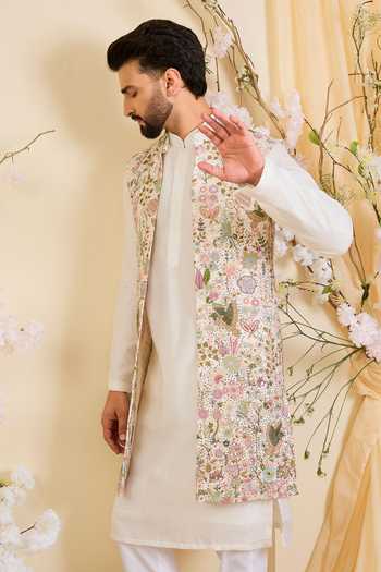 Kasbah_White Georgette Floral Pattern Nehru Jacket _Online_at_Aza_Fashions
