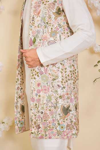 Buy_Kasbah_White Georgette Floral Pattern Nehru Jacket _Online_at_Aza_Fashions