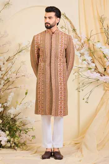 Kasbah_Pink Georgette Zari Work Sherwani _Online_at_Aza_Fashions