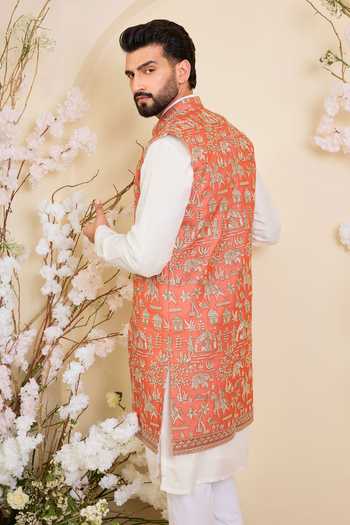 Kasbah_Orange Georgette Embroidered Sequin Zari Nehru Jacket _Online_at_Aza_Fashions