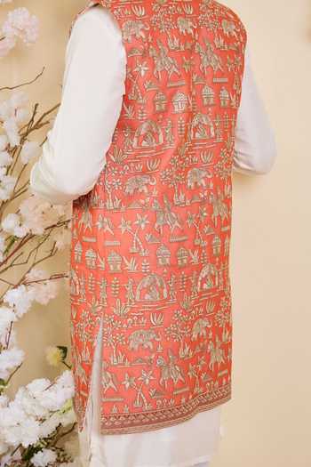 Buy_Kasbah_Orange Georgette Embroidered Sequin Zari Nehru Jacket _Online_at_Aza_Fashions