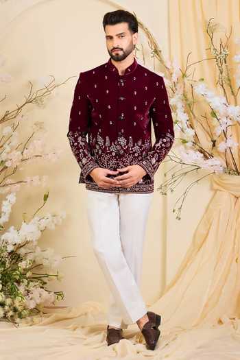 Kasbah_Maroon Velvet Cut Work Embroidered Bandhgala Jacket _Online_at_Aza_Fashions