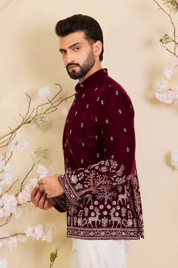 Buy_Kasbah_Maroon Velvet Cut Work Embroidered Bandhgala Jacket _Online_at_Aza_Fashions