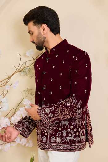 Shop_Kasbah_Maroon Velvet Cut Work Embroidered Bandhgala Jacket _Online_at_Aza_Fashions