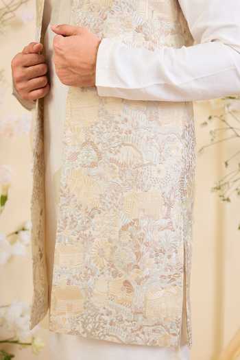 Kasbah_Beige Silk Flora And Fauna Embroidered Nehru Jacket _Online_at_Aza_Fashions