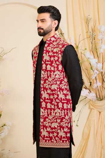 Kasbah_Red Georgette Embroidered Nehru Jacket _Online_at_Aza_Fashions