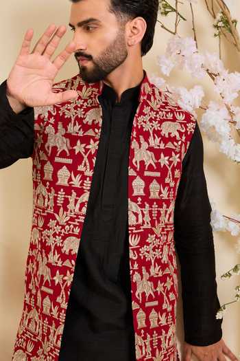 Buy_Kasbah_Red Georgette Embroidered Nehru Jacket _Online_at_Aza_Fashions
