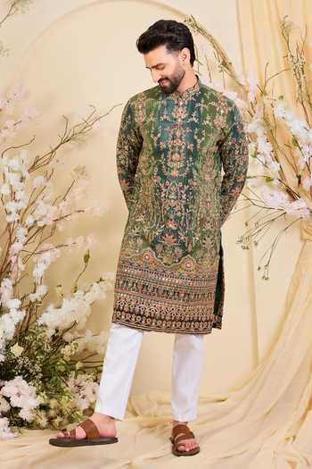 Kasbah_Green Crepe Zari Embroidered Kurta _Online_at_Aza_Fashions