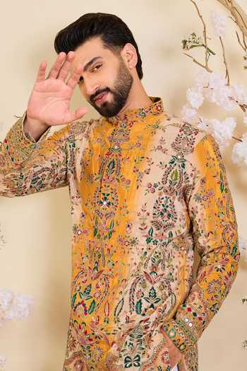Buy_Kasbah_Yellow Crepe Floral Print Kurta _Online_at_Aza_Fashions