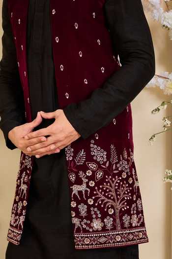 Buy_Kasbah_Maroon Velvet Embroidered Nehru Jacket _Online_at_Aza_Fashions