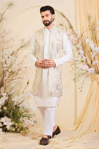 Kasbah_Gold Tissue Sequin Mirrorwork Nehru Jacket _Online_at_Aza_Fashions