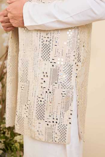 Buy_Kasbah_Gold Tissue Sequin Mirrorwork Nehru Jacket _Online_at_Aza_Fashions