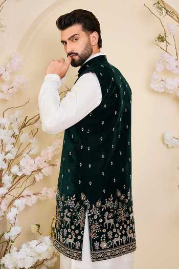 Kasbah_Green Velvet Embroidered Long Nehru Jacket _Online_at_Aza_Fashions