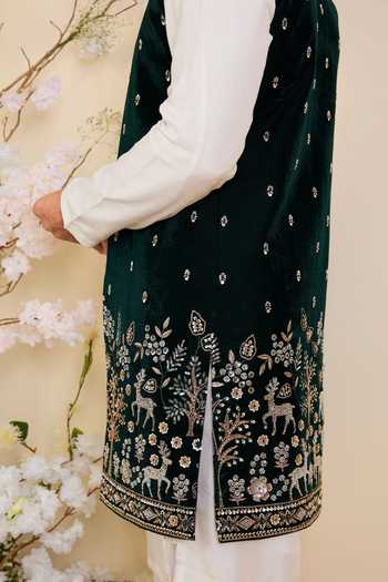 Buy_Kasbah_Green Velvet Embroidered Long Nehru Jacket _Online_at_Aza_Fashions