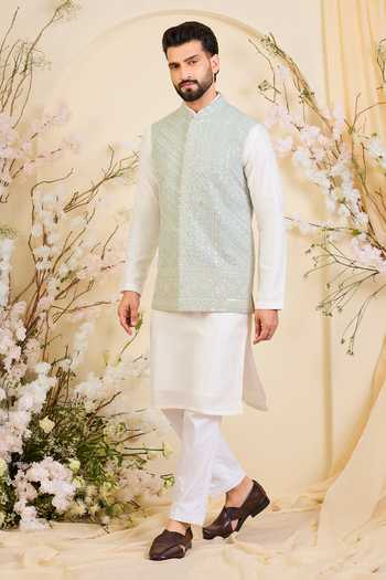 Kasbah_Blue Georgette Hand Embroidered Nehru Jacket _Online_at_Aza_Fashions