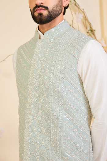 Buy_Kasbah_Blue Georgette Hand Embroidered Nehru Jacket _Online_at_Aza_Fashions