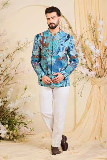 Kasbah_Blue Crepe Zari Abstract Pattern Bandhgala _Online_at_Aza_Fashions