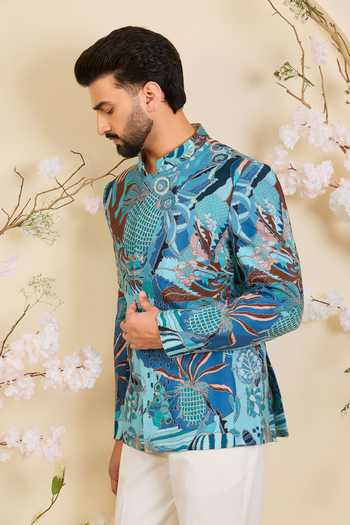 Buy_Kasbah_Blue Crepe Zari Abstract Pattern Bandhgala _Online_at_Aza_Fashions