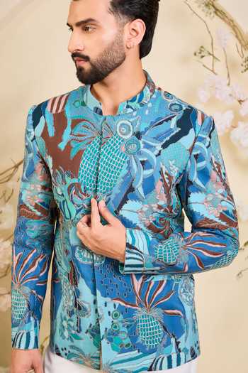 Shop_Kasbah_Blue Crepe Zari Abstract Pattern Bandhgala _Online_at_Aza_Fashions