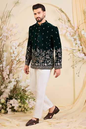 Kasbah_Green Velvet Embroidery, Cut Work Hand Bandhgala _Online_at_Aza_Fashions