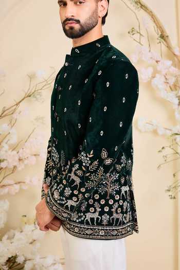 Buy_Kasbah_Green Velvet Embroidery, Cut Work Hand Bandhgala _Online_at_Aza_Fashions