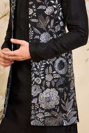Kasbah_Black Georgette Embroidered Nehru Jacket _Online_at_Aza_Fashions