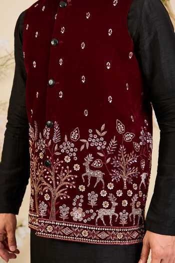 Kasbah_Maroon Velvet Embroidered Nehru Jacket _Online_at_Aza_Fashions