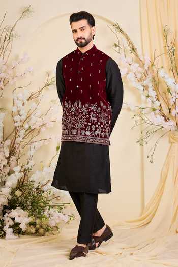 Buy_Kasbah_Maroon Velvet Embroidered Nehru Jacket _Online_at_Aza_Fashions