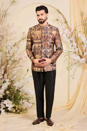 Kasbah_Multi Color Silk, Tussar Embroidery Mughal Motif Pattern Bandhgala _Online_at_Aza_Fashions