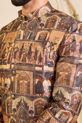 Buy_Kasbah_Multi Color Silk, Tussar Embroidery Mughal Motif Pattern Bandhgala _Online_at_Aza_Fashions