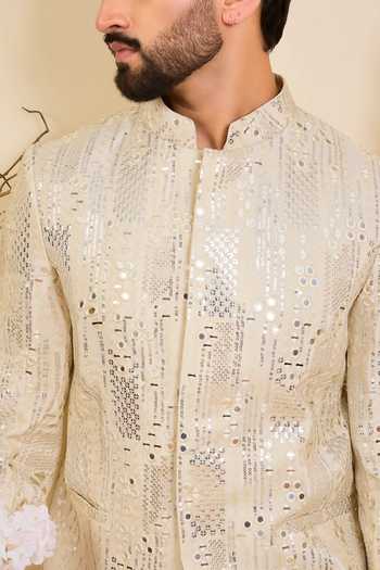 Buy_Kasbah_Gold Tissue Sequins, Mirrors Work Bandhgala _Online_at_Aza_Fashions