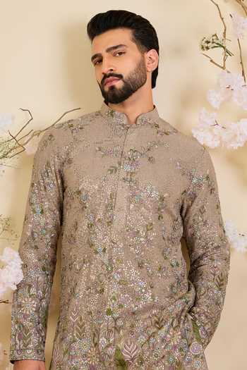 Kasbah_Beige Georgette Sequined Floral Kurta _Online_at_Aza_Fashions