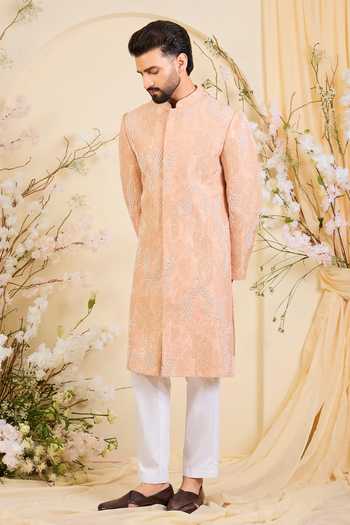 Kasbah_Peach Silk Embroidered Sherwani _Online_at_Aza_Fashions