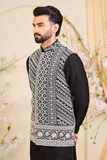 Kasbah_Black Georgette Embroidered Nehru Jacket _Online_at_Aza_Fashions