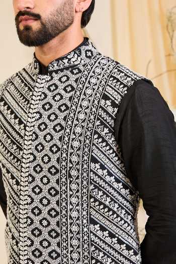 Buy_Kasbah_Black Georgette Embroidered Nehru Jacket _Online_at_Aza_Fashions