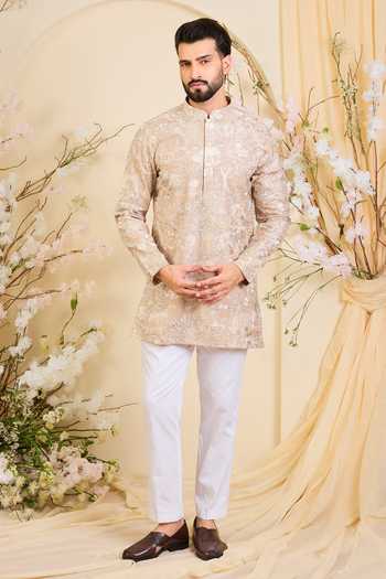 Kasbah_Beige Silk Embroidered Kurta _Online_at_Aza_Fashions