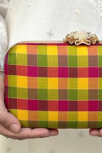 Amyra_Multi Color Yaazhi Checkered Silk Kattam Clutch_Online_at_Aza_Fashions