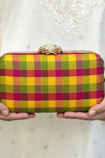 Shop_Amyra_Multi Color Yaazhi Checkered Silk Kattam Clutch_Online_at_Aza_Fashions