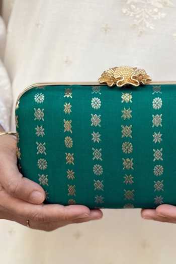 Amyra_Turquoise Palki Pure Kanchi Silk Clutch_Online_at_Aza_Fashions