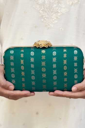 Shop_Amyra_Turquoise Palki Pure Kanchi Silk Clutch_Online_at_Aza_Fashions