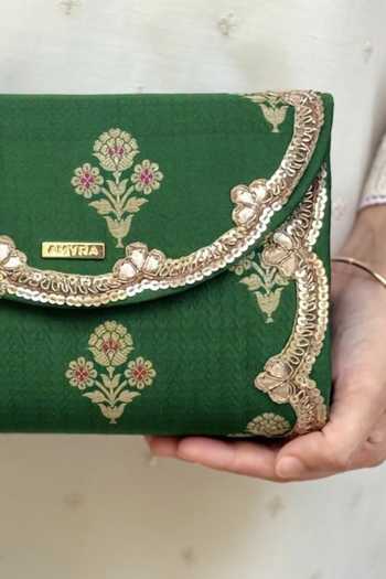Amyra_Green Bahaar Pure Silk Flapover Clutch_Online_at_Aza_Fashions
