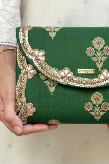 Buy_Amyra_Green Bahaar Pure Silk Flapover Clutch_Online_at_Aza_Fashions
