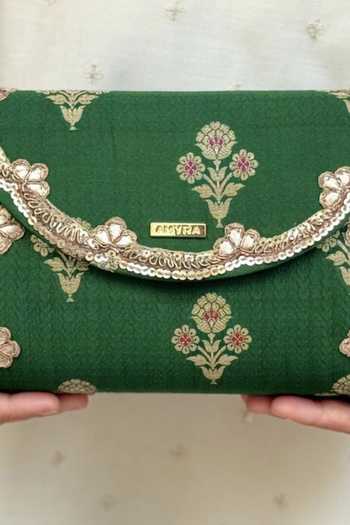 Shop_Amyra_Green Bahaar Pure Silk Flapover Clutch_Online_at_Aza_Fashions